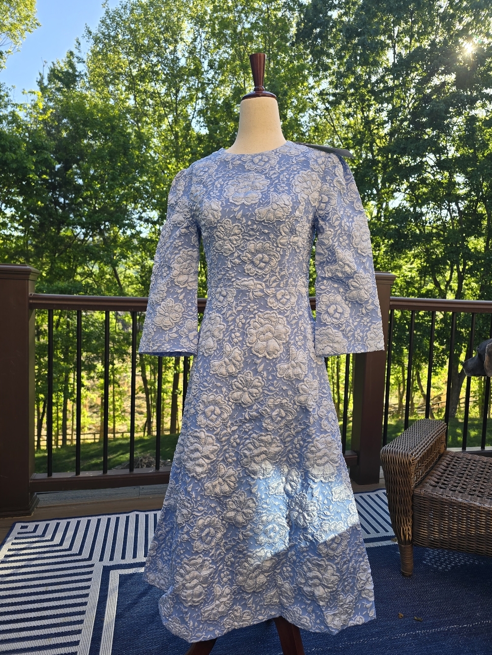 Fehaute Blue Floral Jacquard Classic Crew Neck Three Quarter Sleeve A-line Dress